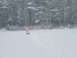 Hardcore tgirl strips and jerks herself in the snow