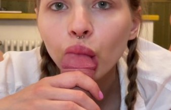 Cute blowjob from schoolgirl with braces and pigtails