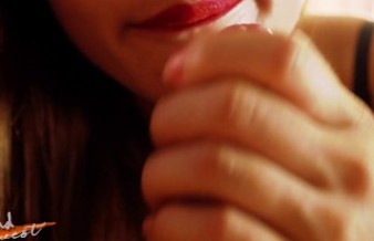 Delicate slow blowjob with red lipstick