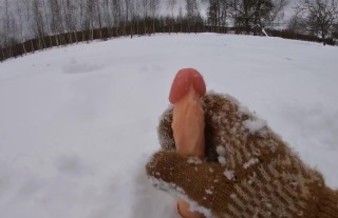 Freezing Hand Job with Iced Wool Mitten