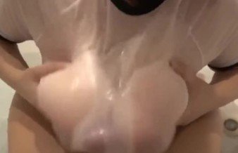 Wet Paizuri (Tits fuck) and cum under her white wet clothes
