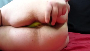 fatty Russian girl with big tits fucks with bananas and cucumbers. double p