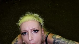 Horny chav teen sucks cock and takes HUGE facial in public underpass - She cant help being a whore!