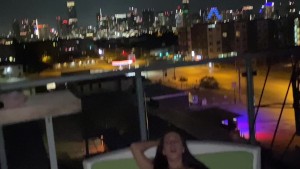 Public rooftop mff threesome outside while the cops are right below