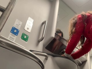 Extreme on the train. Teen girl took off her panties and pee in public. Risky peeing