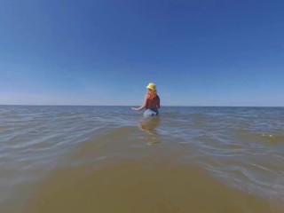 A Lot of Pee in My Jeans Shorts on Public Beach! Big Tits Redhead Amateur MILF Ginger Ale Kinky Fun