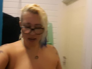 tattooed blonde MILF with big tits orders man to drink her spit and piss