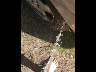 Country Girl Pees On Abandon Car On Dirt Road