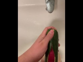 Peeing and cumming inside a squash with a condom
