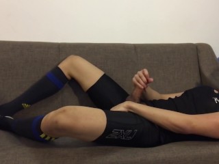 Post-workout jerk-off: Slowmo cum in tights and football socks