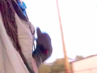 Risky Black uncut dick morning piss outside at a construction site