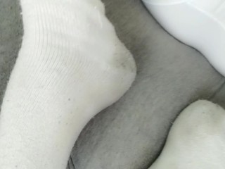 Twink shows and cums on his white socks after wearing it all day and night - Morning cumshot