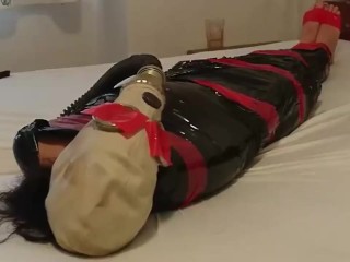 BDSM Slave Girl, plastic mummification with gasmask Breathplay