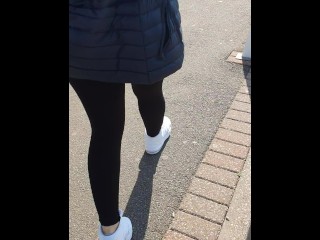 Step mom in black leggings fucked in the car park behind the cars by step son