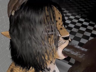 Cheetah Girl Blowjob in the shower Cum on Face Furry Cosplay