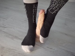 My footjob with black knee socks will make your cock horny and cum