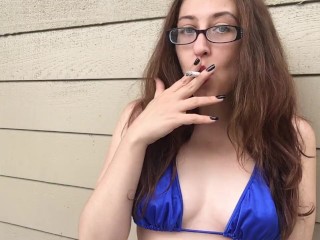Sexy Goddess D Smoking In Tiny Blue Bikini Top Outside Wearing Glasses - Perky Tits - Long Hair