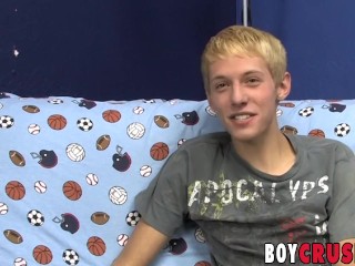 Interviewed blonde twink Kenny Monroe wanking off and cums