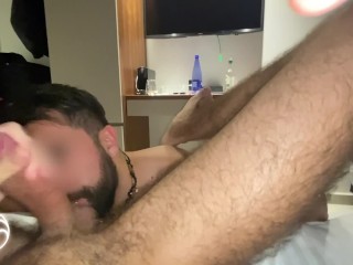 Hookup in a hotel sucking a huge greek cock with the cumshot in my beard. EMF_15