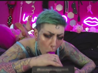 Tatted Girl Gives BlowJob Tease on Dildo! Needs Dick Bad!