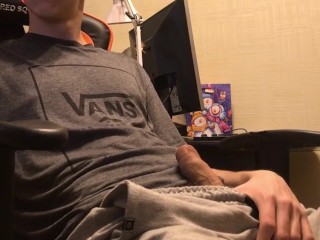 Cute teen jerks off and edging uncut cock on gamer chair