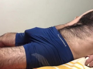 Hairy chest man bulge dick and ball massage slip boxer panties