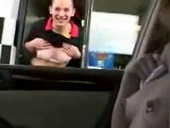 Babe Flashes Tits At The Drive Through