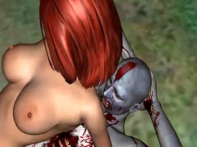 3D redhead babe gets fucked outdoors by a zombie