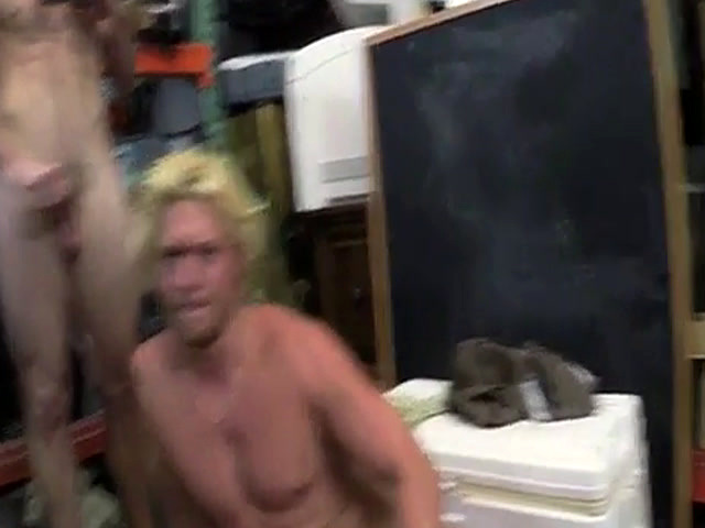 Blonde hunk stripper gets hard and sucked horny dicks in the pawnshop
