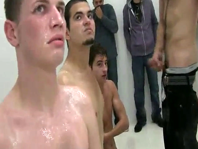 Three frat boy hunks sucking on a cock in the shower